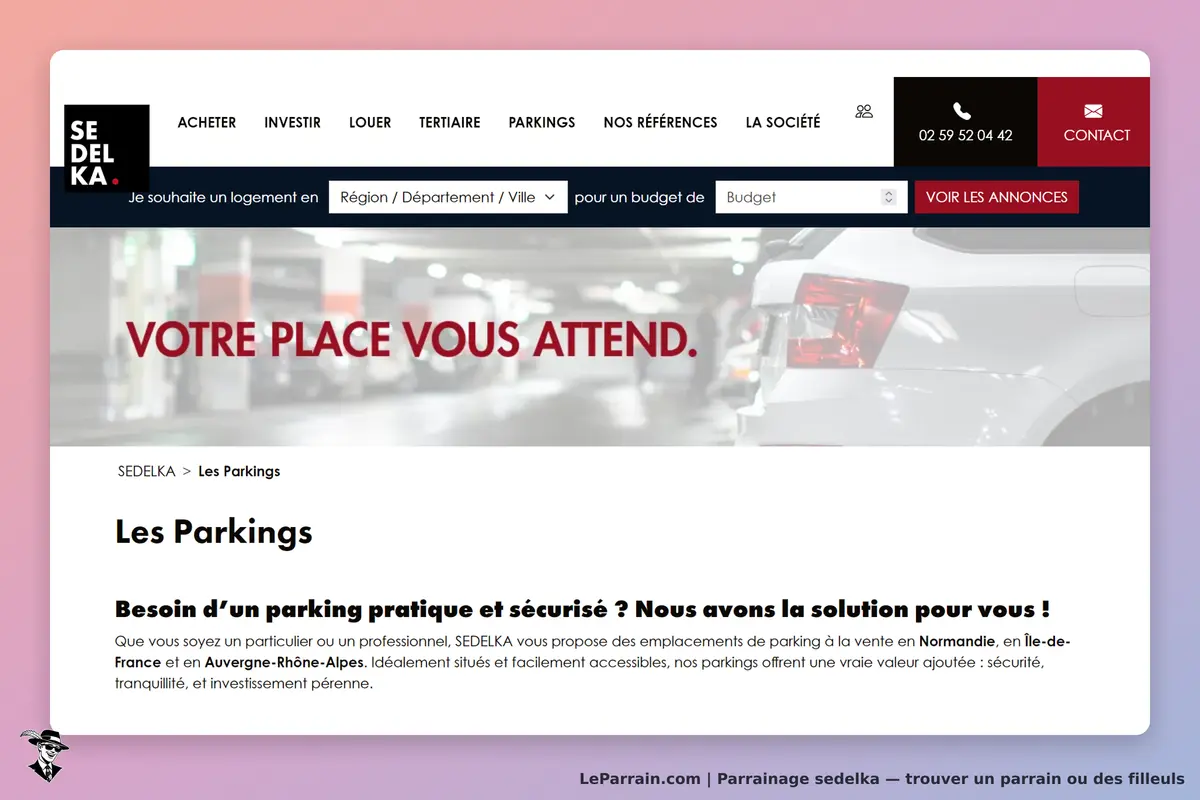 SEDELKA : page d'accueil présentant les parkings avec un message d'accueil en rouge