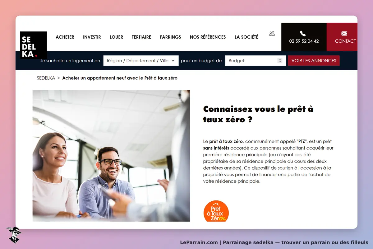 SEDELKA : page d'accueil avec un couple souriant et des informations sur le prêt à taux zéro