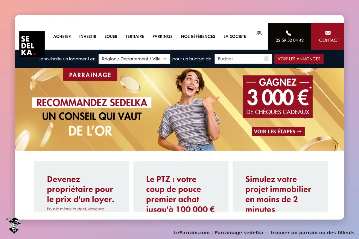 SEDELKA : page d'accueil avec une promotion de parrainage et des options immobilières visibles