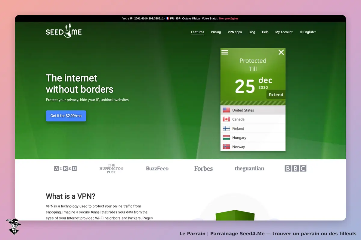 Seed4.Me : page d'accueil présentant le service VPN et un menu déroulant avec des pays