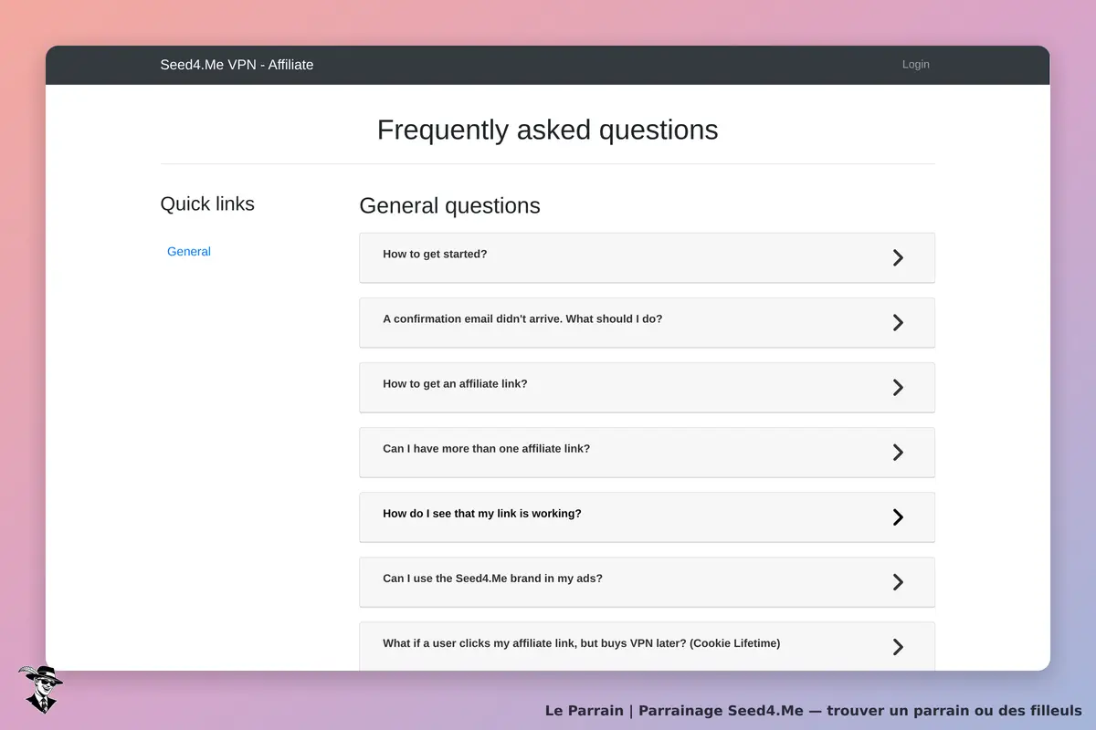 Seed4.Me : page des questions fréquentes avec des liens rapides et des questions générales