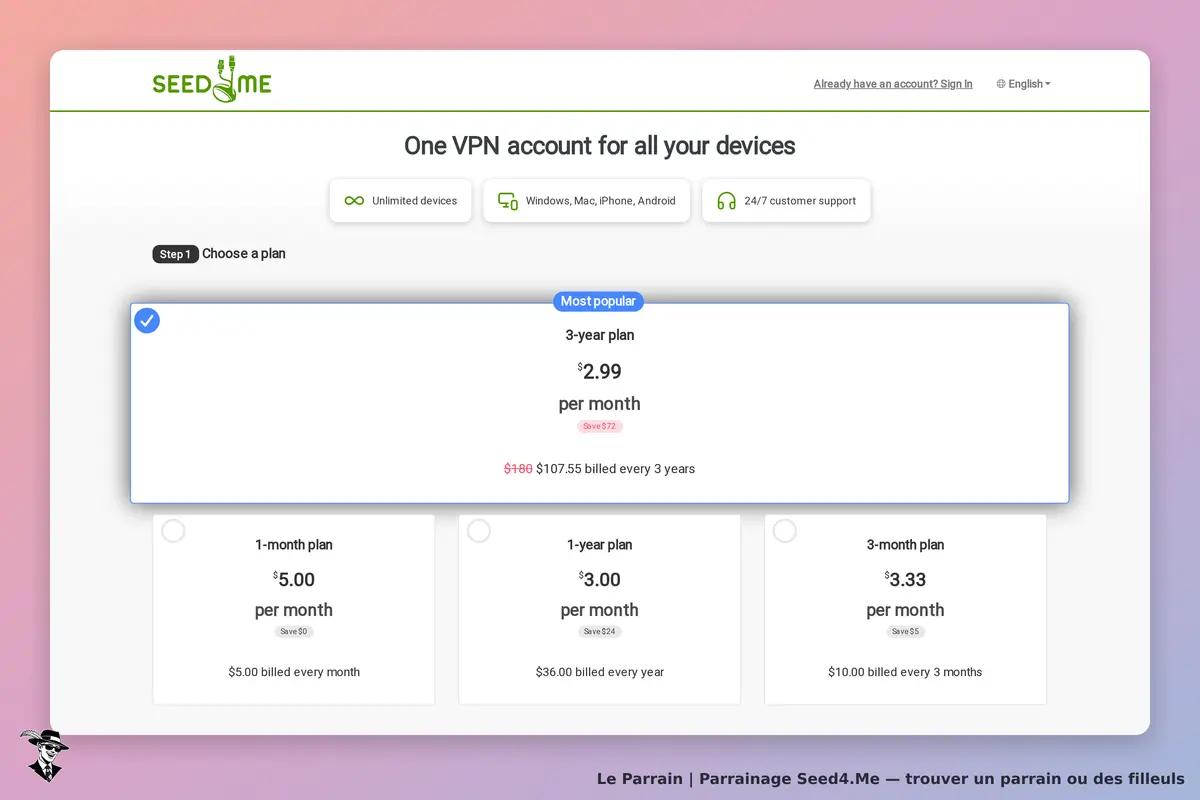 Seed4.Me : page de choix des plans VPN avec options et prix affichés