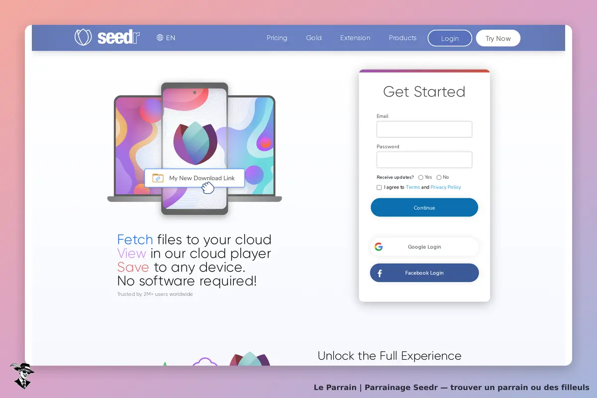 Seedr : page d'accueil avec un formulaire de connexion et des illustrations colorées sur des
