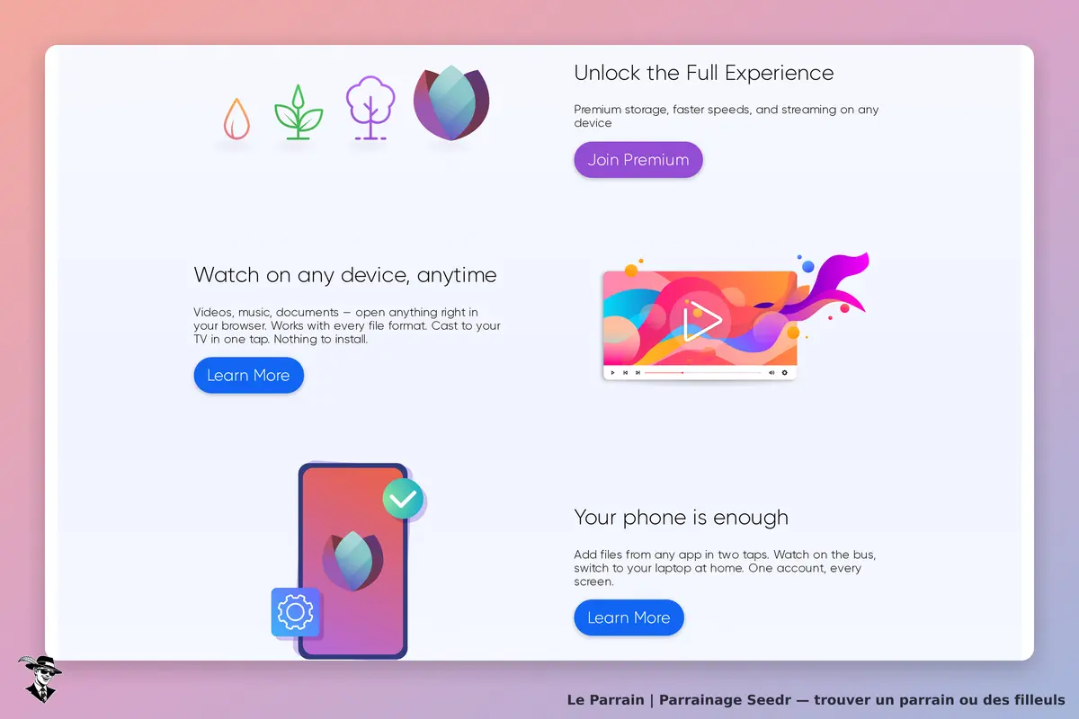 Seedr : page d'accueil avec options de visionnage sur divers appareils et illustrations colorées