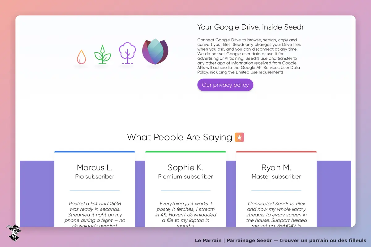 Seedr : page d'accueil avec description et avis de trois utilisateurs sur le service