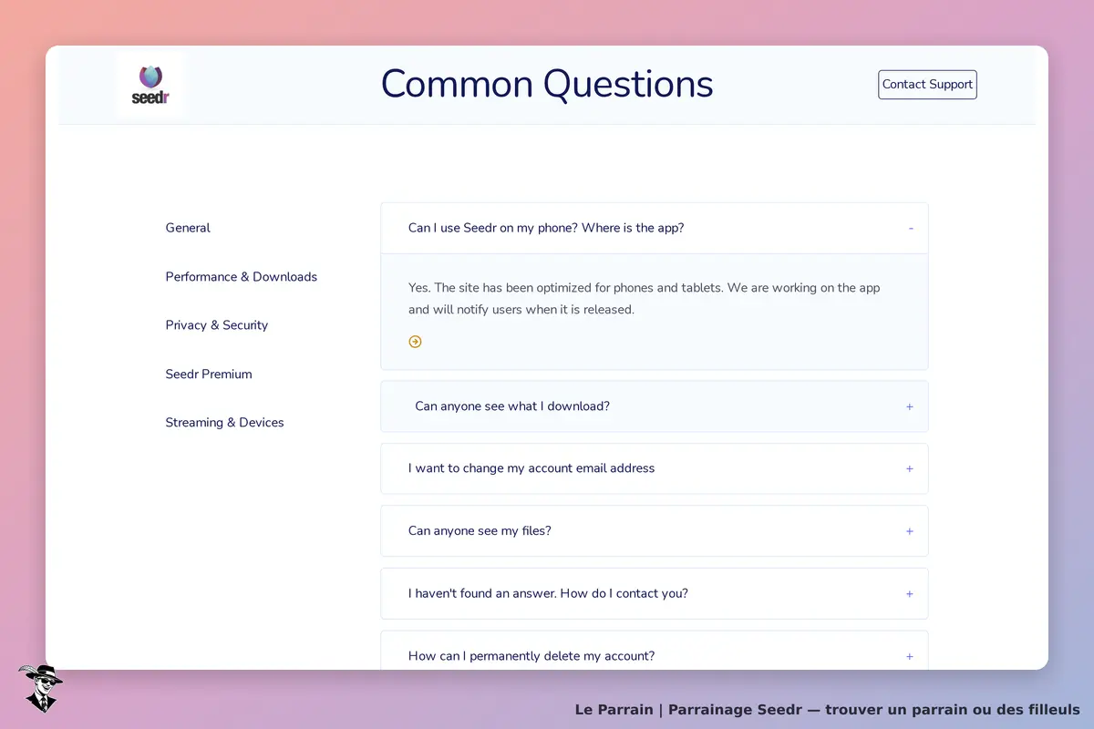 Seedr : section "Questions fréquentes" avec plusieurs questions et réponses sur le service