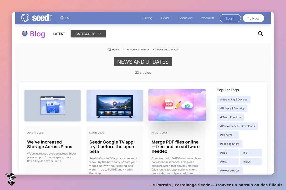 Seedr : page du blog avec articles récents et catégories populaires sur fond clair