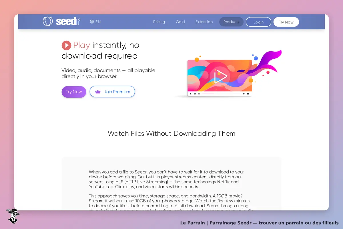 Seedr : page d'accueil présentant le service de lecture de fichiers en ligne sans téléchargement