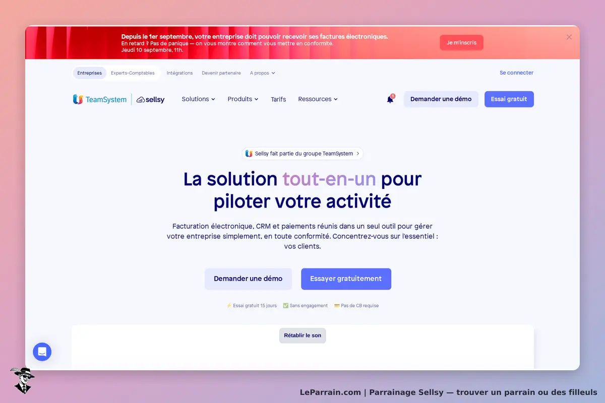 Sellsy : page d'accueil présentant la solution tout-en-un pour piloter votre activité