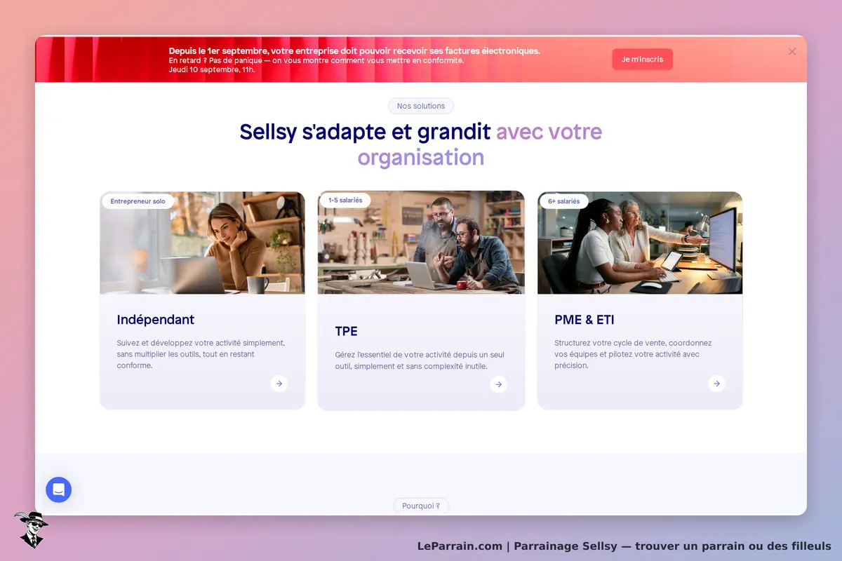 Sellsy : page d'accueil présentant des solutions pour indépendants, TPE et PME & ETI