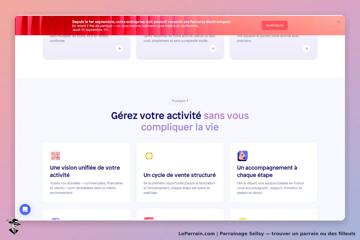 Sellsy : page d'accueil présentant des fonctionnalités pour gérer une activité facilement