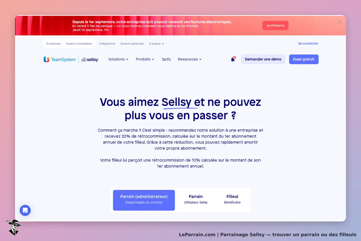 Sellsy : page d'accueil avec informations sur le parrainage et boutons d'inscription