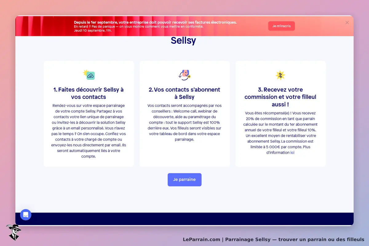 Sellsy : trois étapes pour le parrainage avec des explications et un bouton "Je parraine"