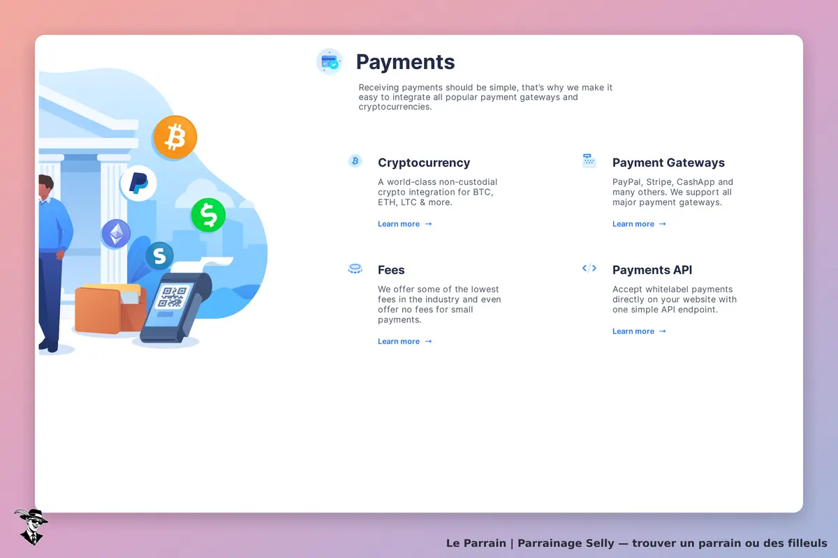 Selly : page d'accueil présentant des options de paiement et des intégrations pour les utilisateurs