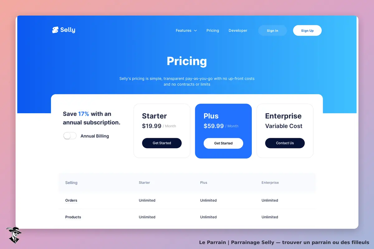 Selly : page de tarification avec trois formules et options d'abonnement annuel