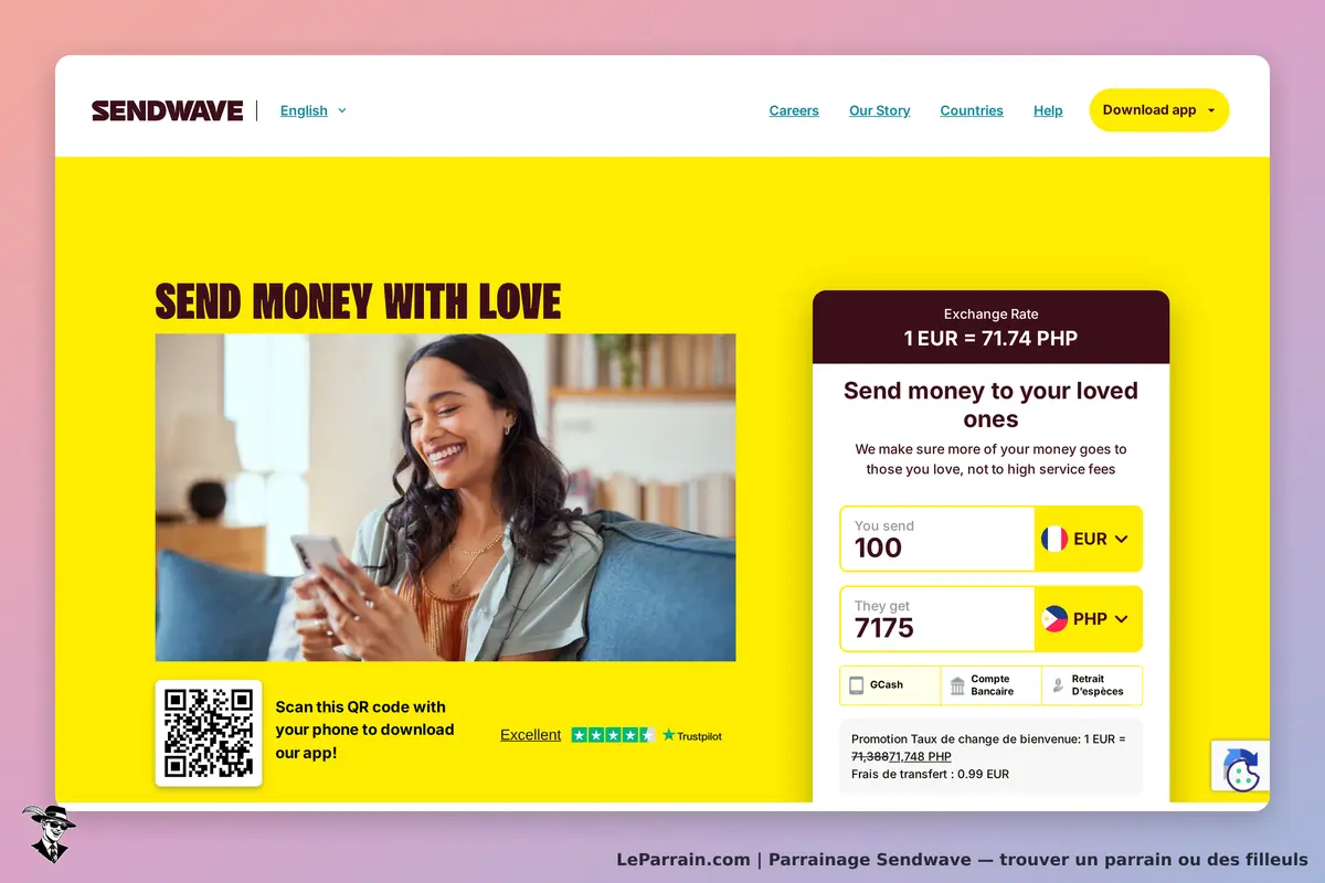 Sendwave : page d'accueil avec une femme souriante et un formulaire de transfert d'argent