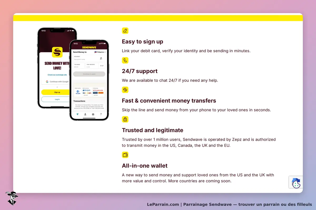 Sendwave : page d'accueil présentant l'application et ses fonctionnalités de transfert d'argent