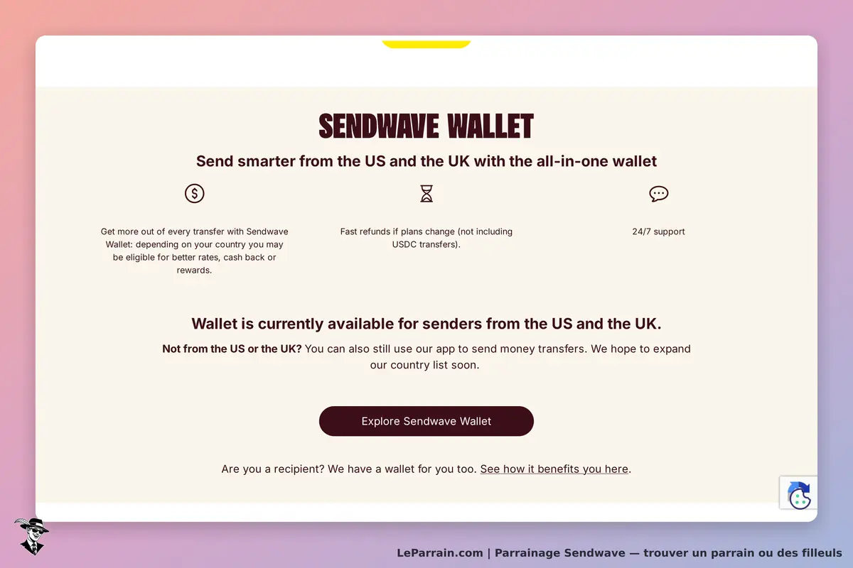 Sendwave : page d'accueil présentant le portefeuille et ses fonctionnalités principales