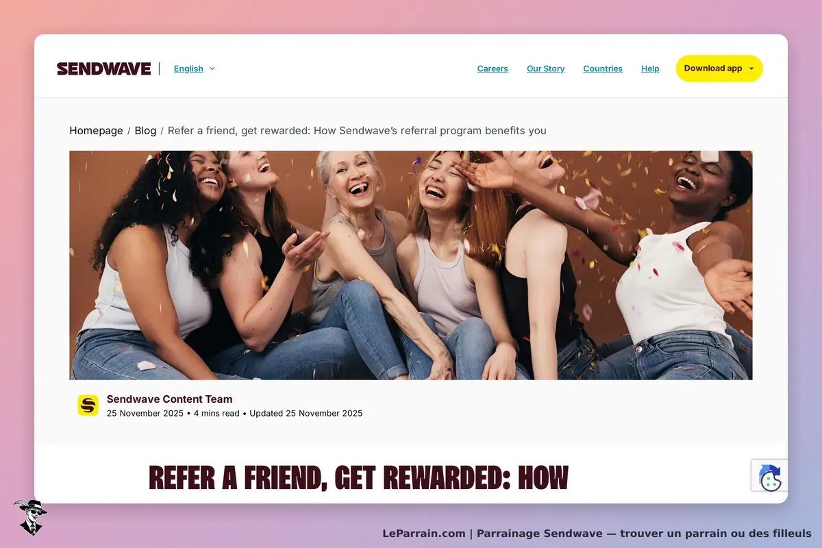 Sendwave : page d'accueil avec des femmes souriantes célébrant, confettis en arrière-plan