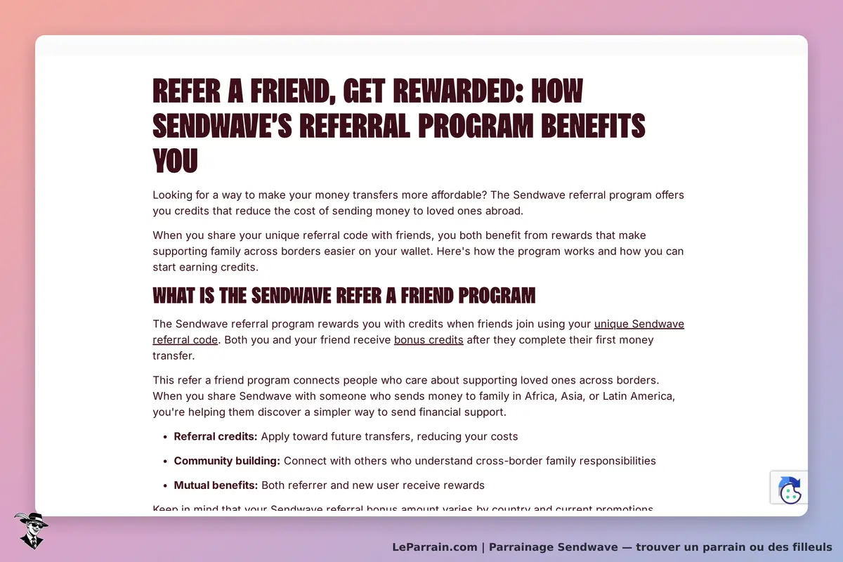 Sendwave : présentation du programme de parrainage avec avantages et crédits mentionnés