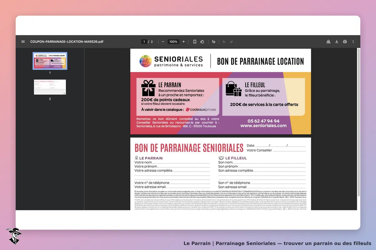 Bon de parrainage location Senioriales 2026 : 200 € de points cadeaux au parrain et 200 € de services à la carte au filleul locataire.