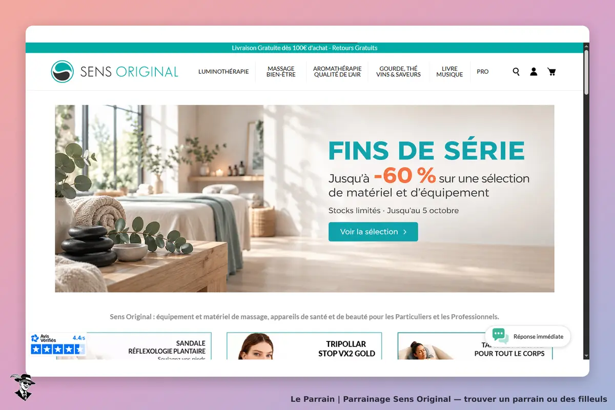 Sens Original : page d'accueil avec un espace bien-être et produits de massage affichés