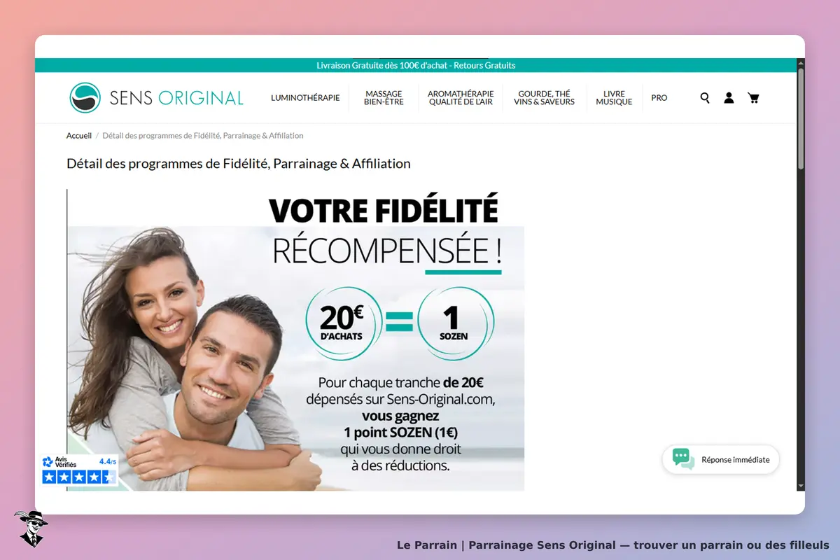 Sens Original : page sur le programme de fidélité avec un couple souriant et des informations