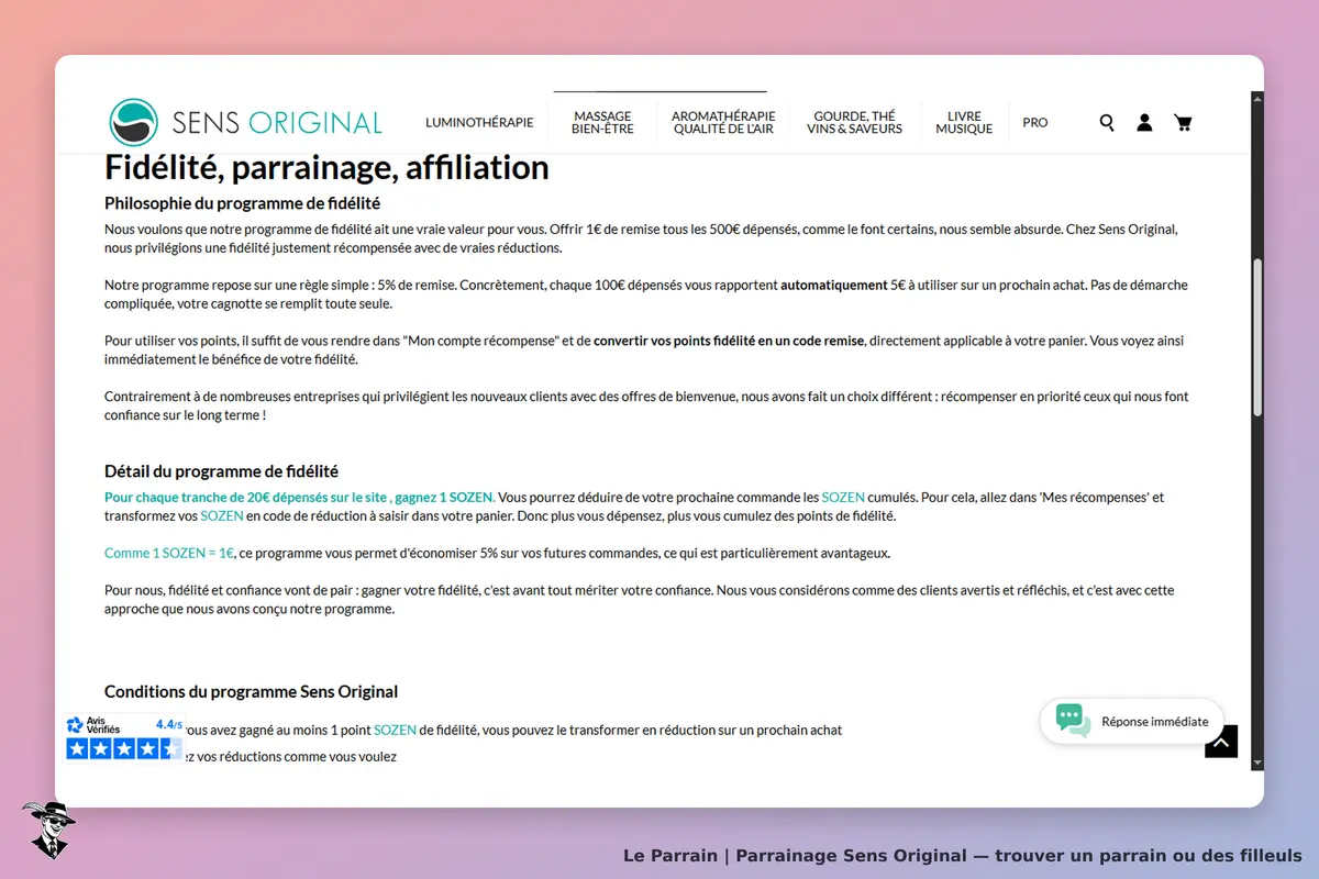 Sens Original : page sur le programme de fidélité et de parrainage, avec détails et conditions