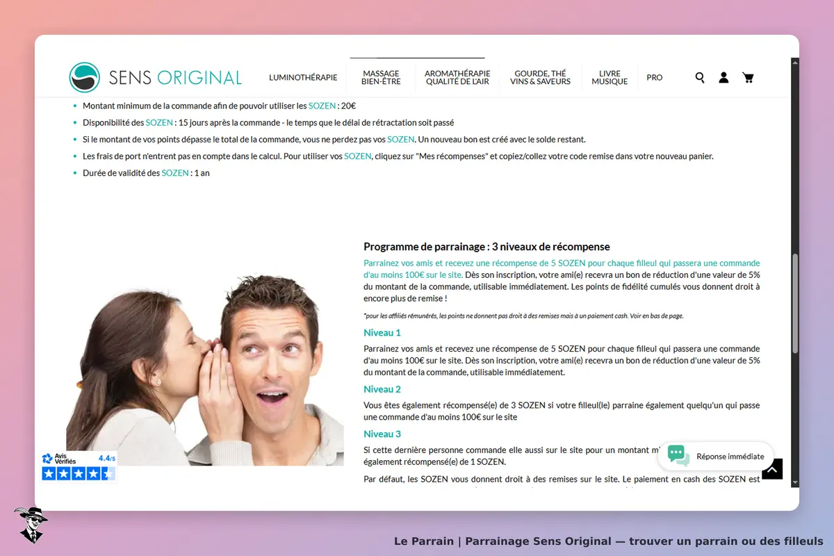Sens Original : page d'accueil avec programme de parrainage et image d'un couple souriant