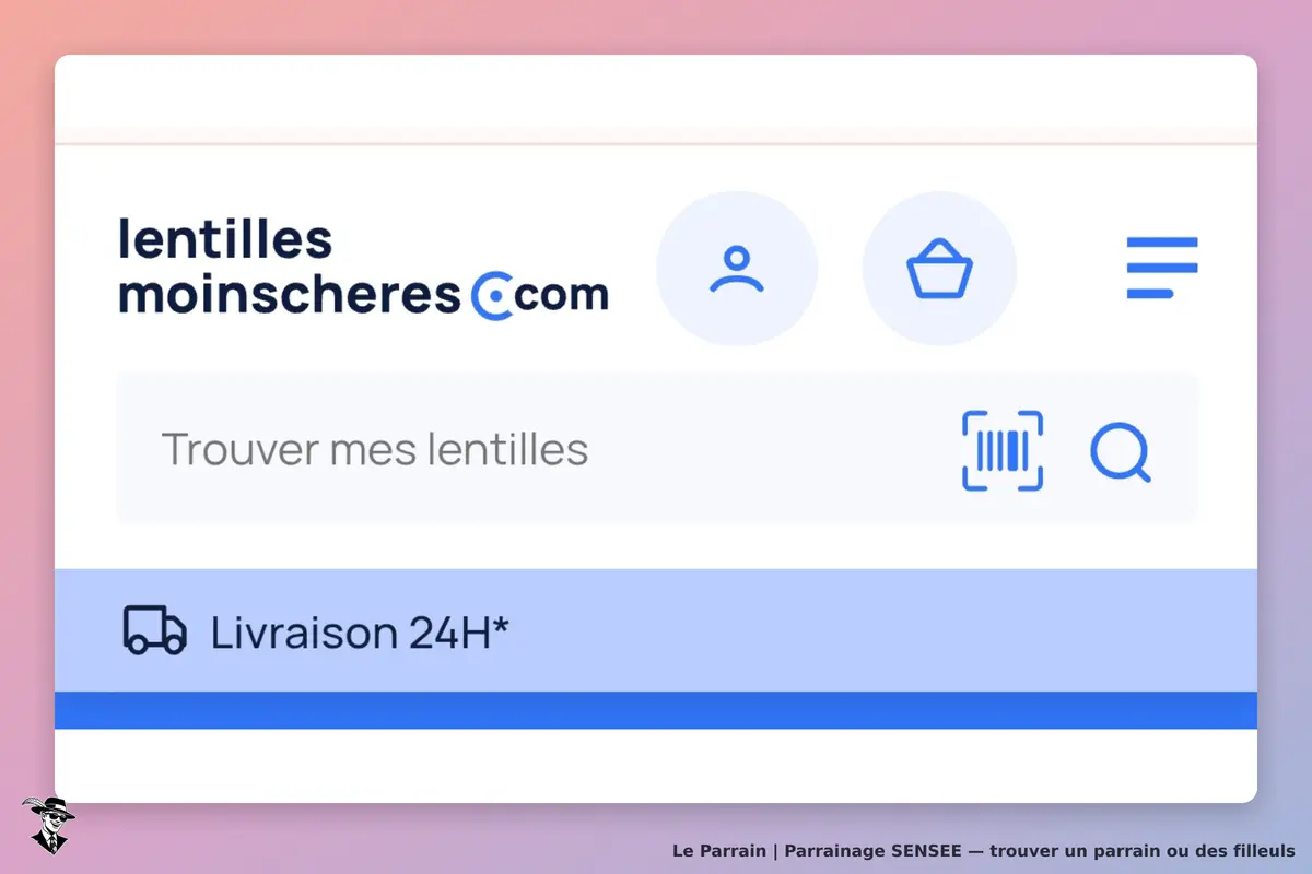 SENSEE : barre de recherche pour trouver des lentilles avec options de compte et panier