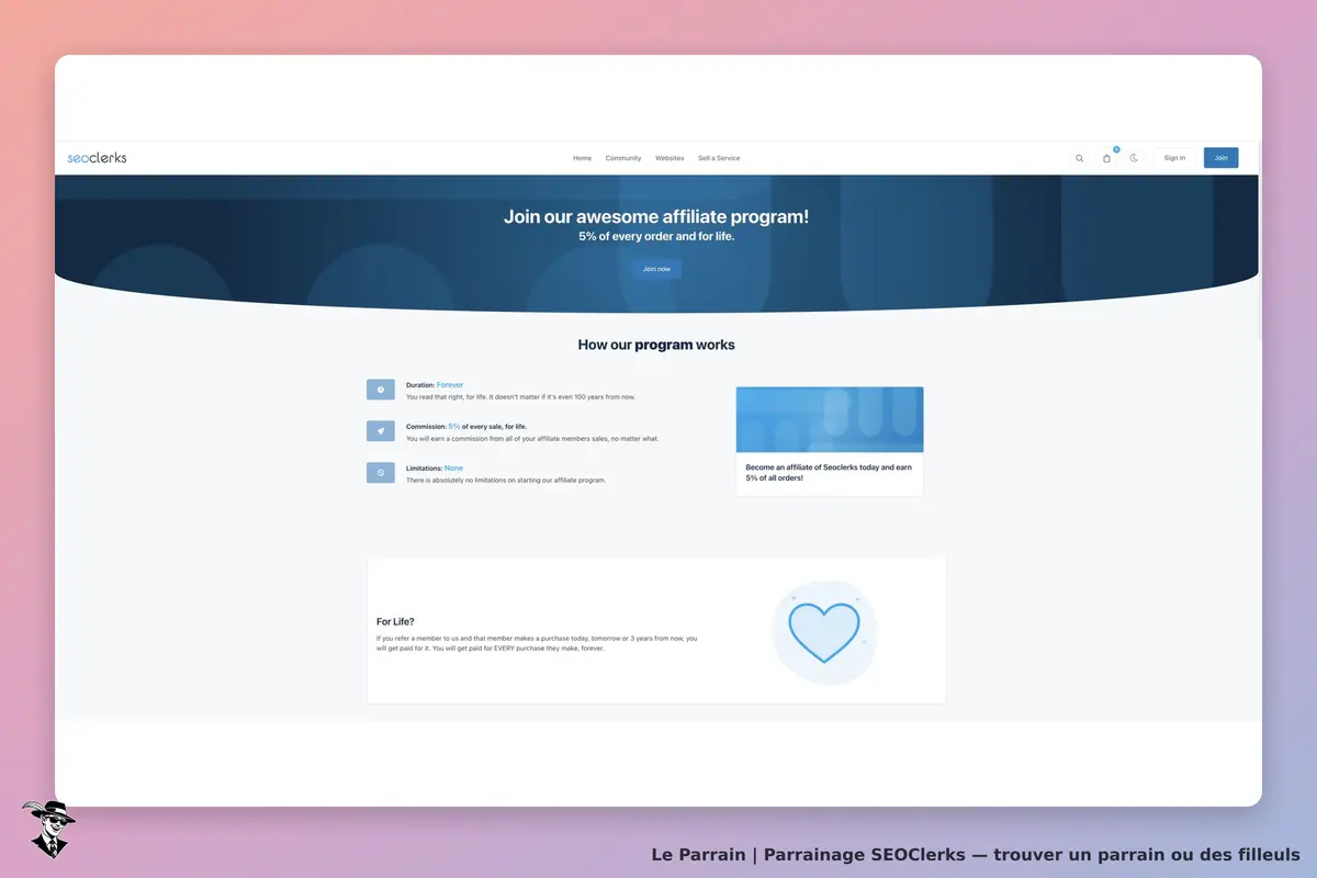Page officielle du programme d’affiliation SEOClerks présentant une commission annoncée de 5 % sur les commandes des membres recommandés.