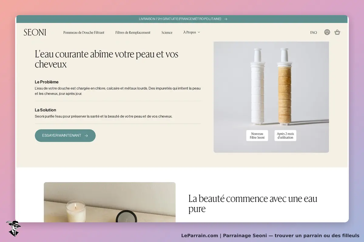 Filtres Seoni pour douche, montrant l'impact de l'eau sur peau et cheveux.