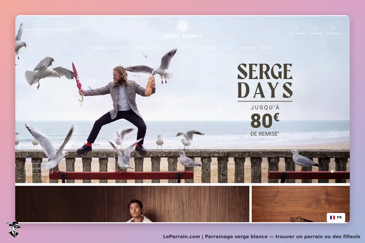 Serge Blanco : homme sur un mur face à la mer, entouré de mouettes, avec un parapluie et un