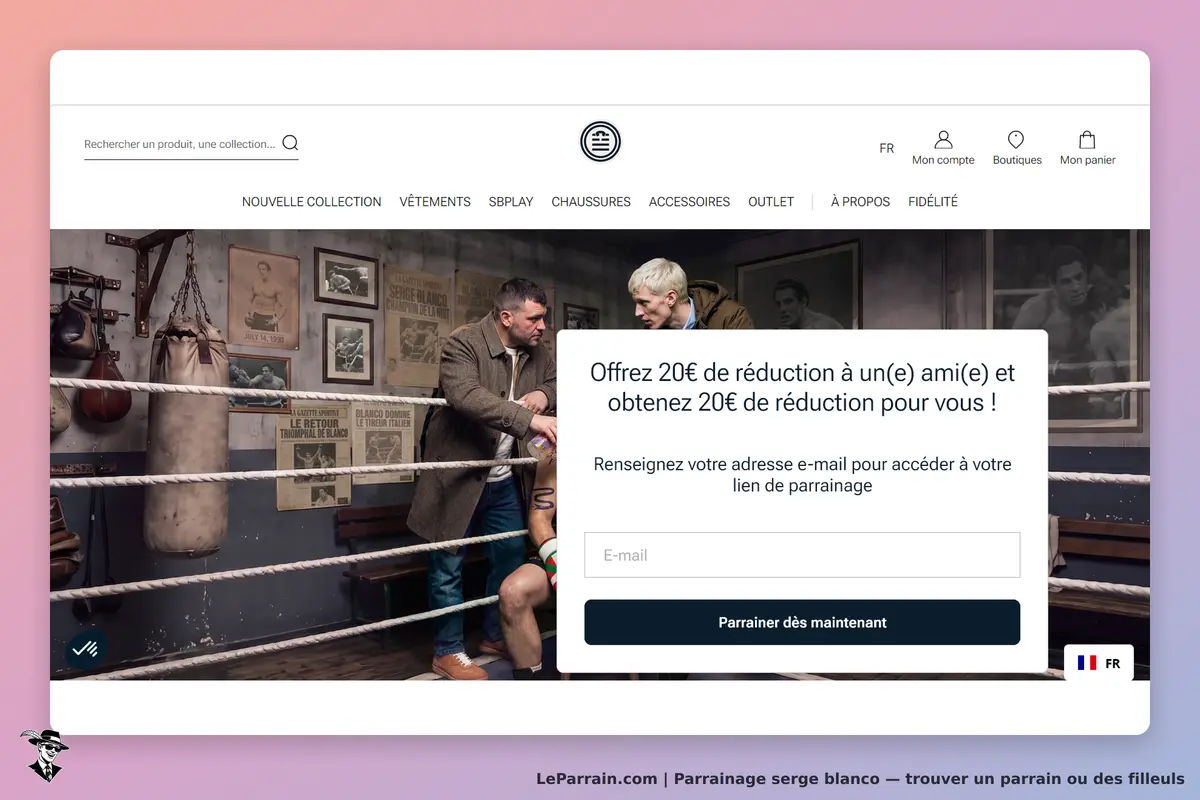 Serge Blanco : page d'accueil avec un formulaire de parrainage et un décor de boxe en arrière-plan