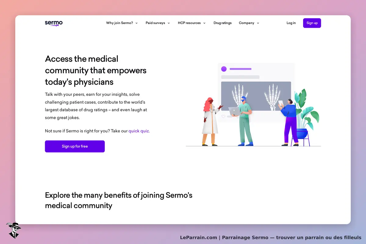 Sermo : page d'accueil présentant une communauté médicale avec des illustrations de professionnels