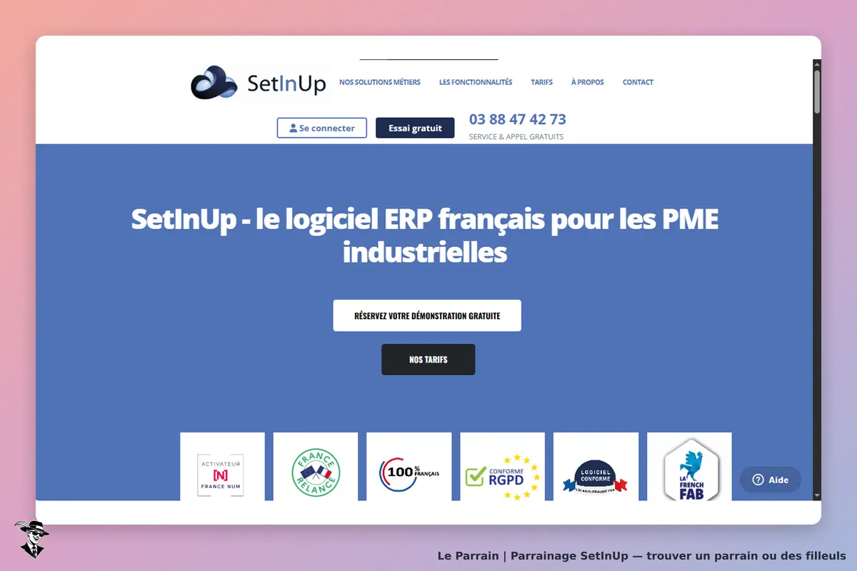 SetInUp : page d'accueil présentant un logiciel ERP avec options de connexion et de démonstration
