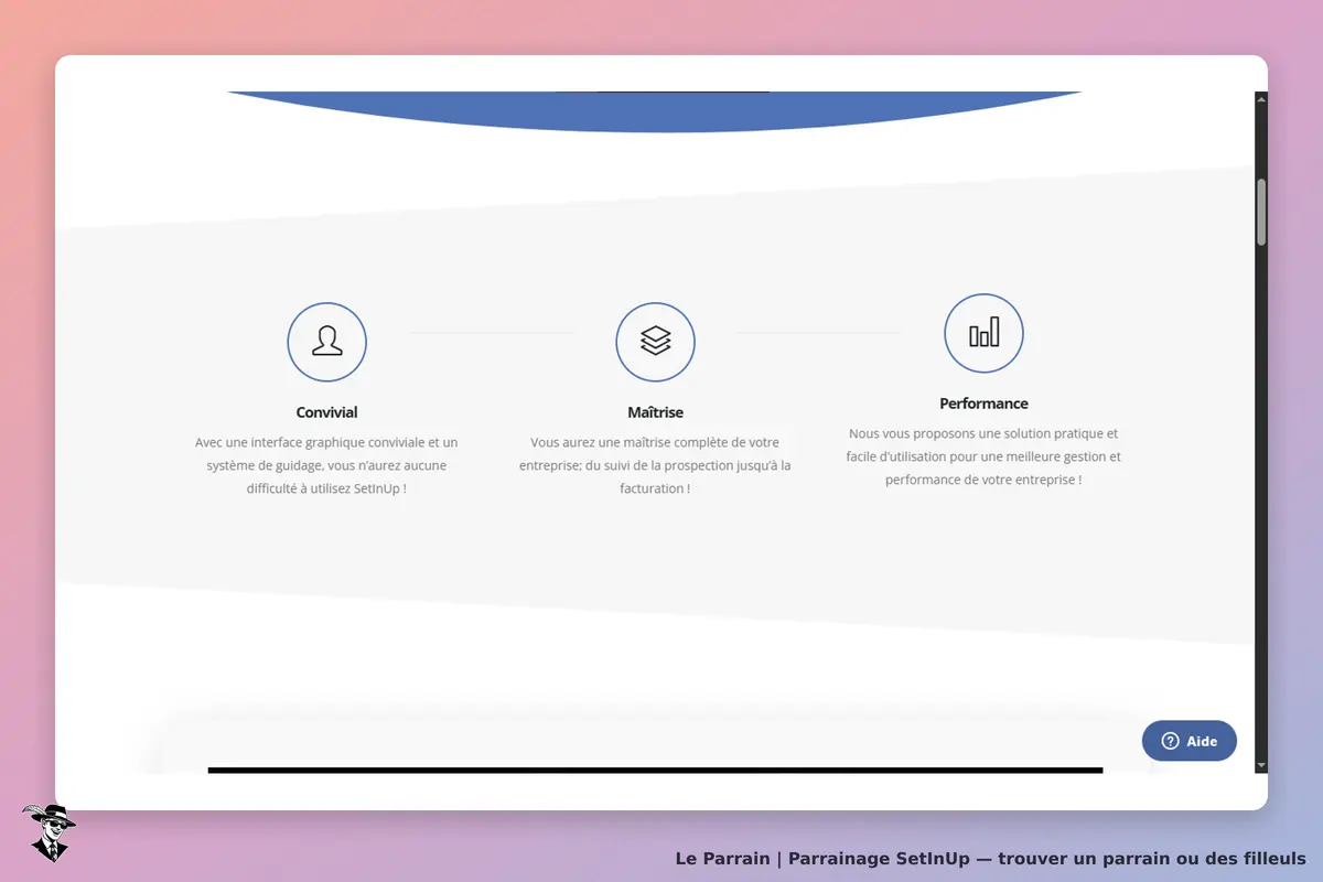 SetInUp : trois sections présentant convivialité, maîtrise et performance sur fond clair
