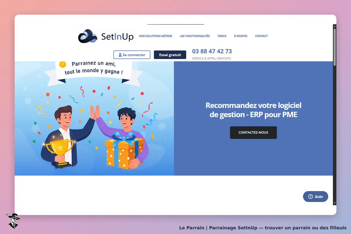 SetInUp : page d'accueil avec deux personnages célébrant, un trophée et un cadeau