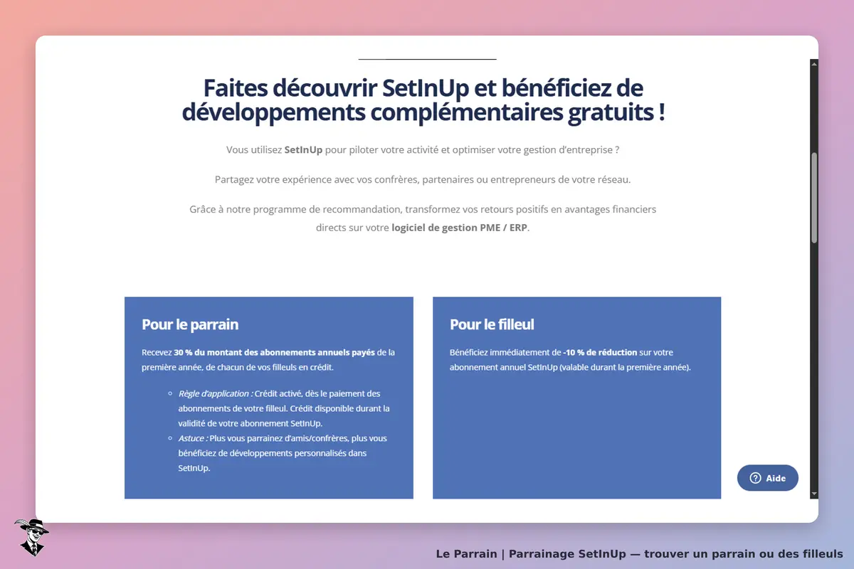 SetInUp : page d'accueil présentant le programme de parrainage avec des sections pour parrain et