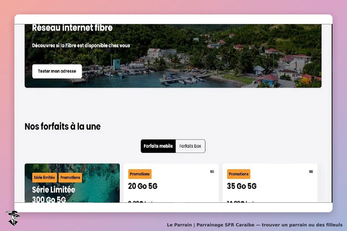 SFR Caraïbe : page d'accueil avec offres internet et image d'un paysage côtier