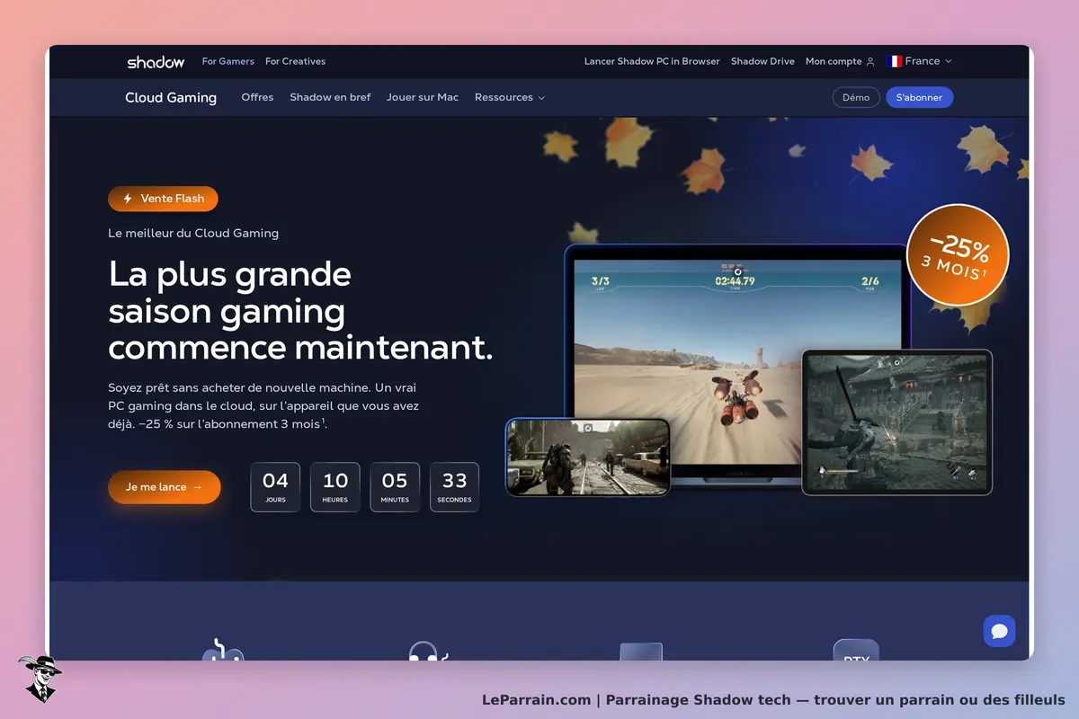 Shadow tech : shadow : page d'accueil avec des jeux en streaming et un compte à rebours pour une