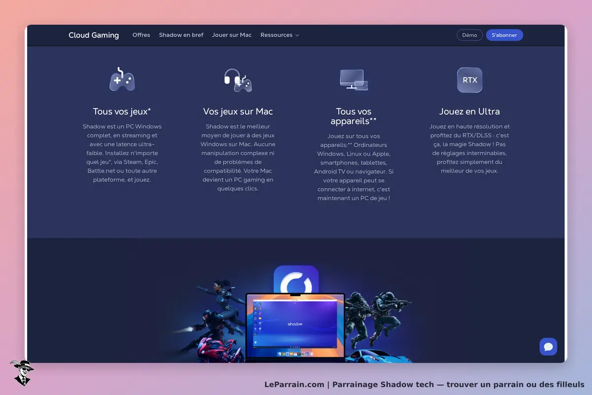 Shadow tech : page d'accueil présentant le cloud gaming et divers appareils compatibles
