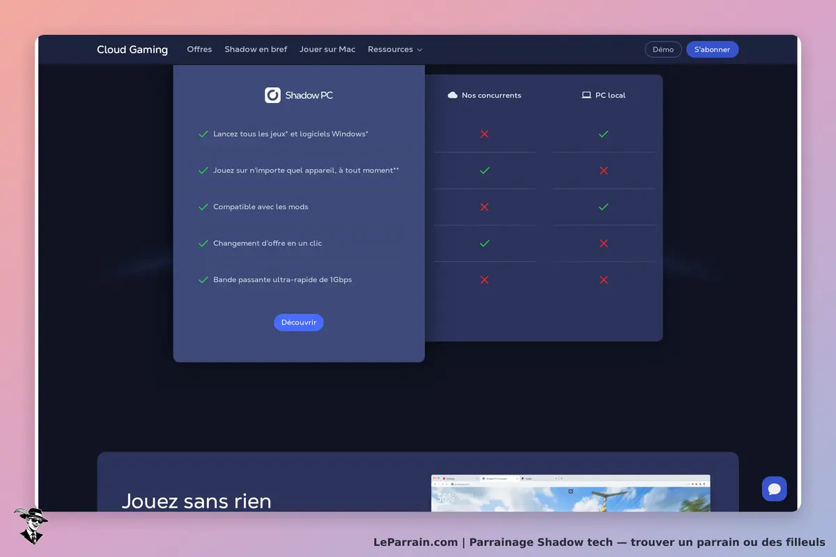 Shadow tech : page d'accueil avec présentation de Shadow PC et comparaison avec concurrents