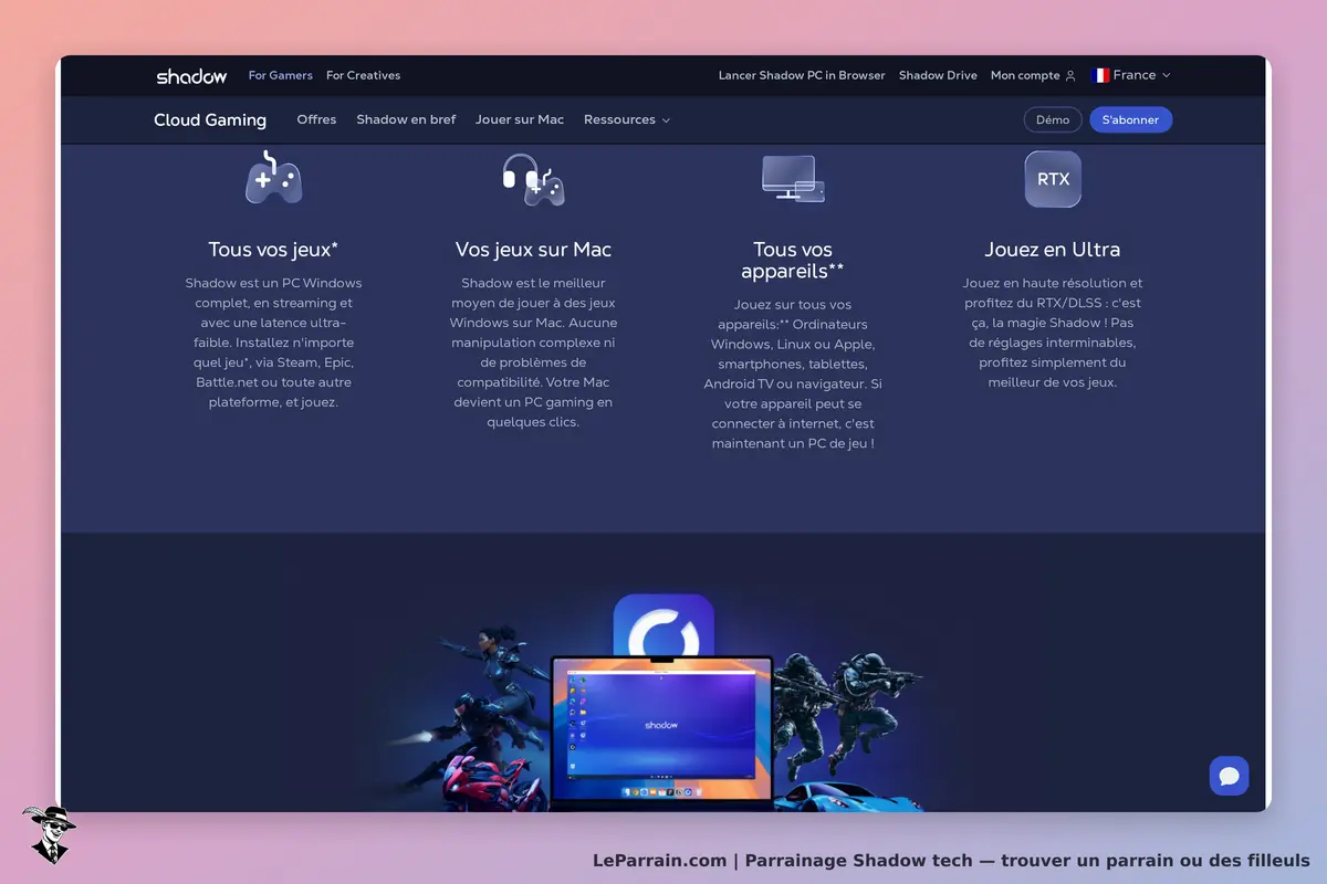 Shadow tech : shadow : page d'accueil sur le cloud gaming avec descriptions et images de jeux et