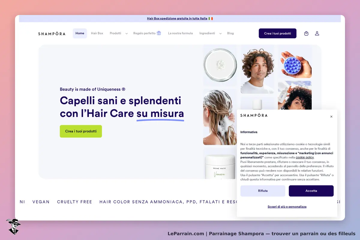 Shampora : page d'accueil présentant des produits capillaires et un formulaire d'inscription