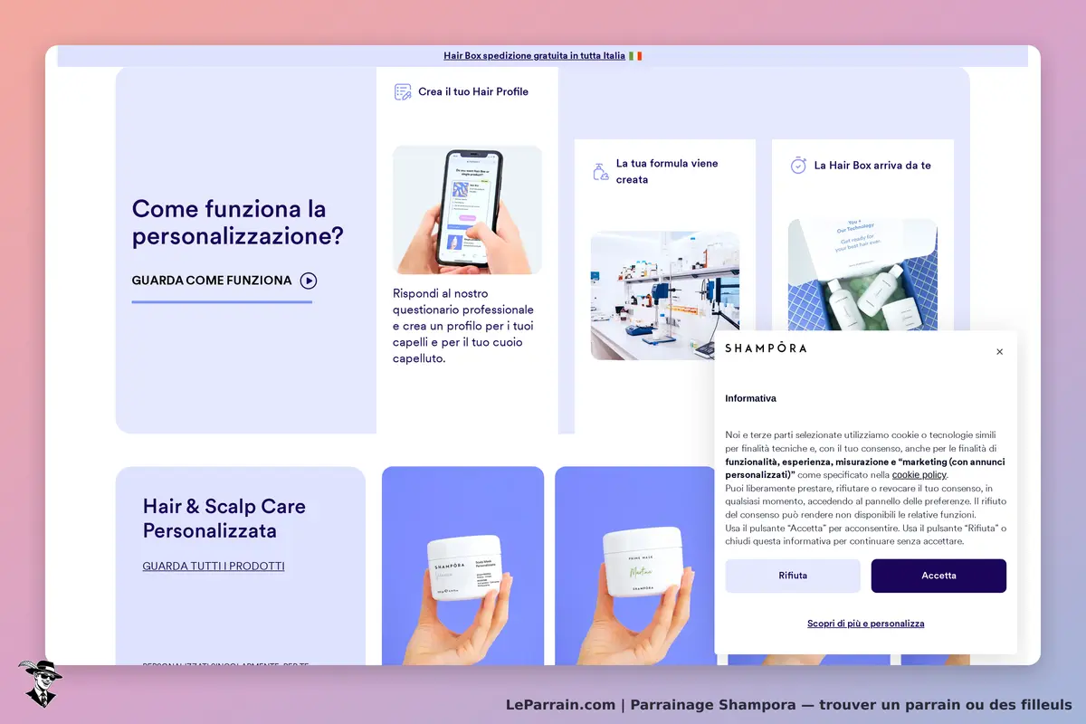 Shampora : page d'accueil avec questions de personnalisation et produits capillaires affichés