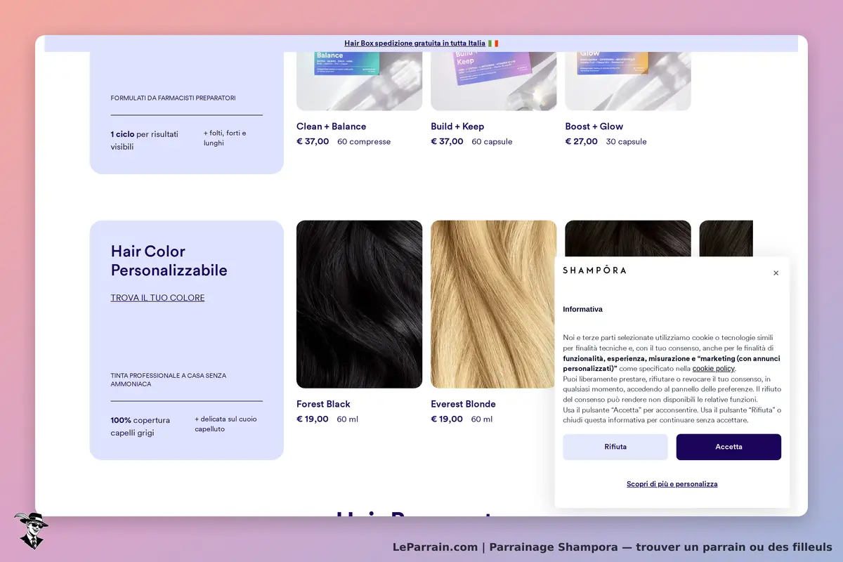 Shampora : page d'accueil avec produits capillaires et fenêtre d'information sur les cookies