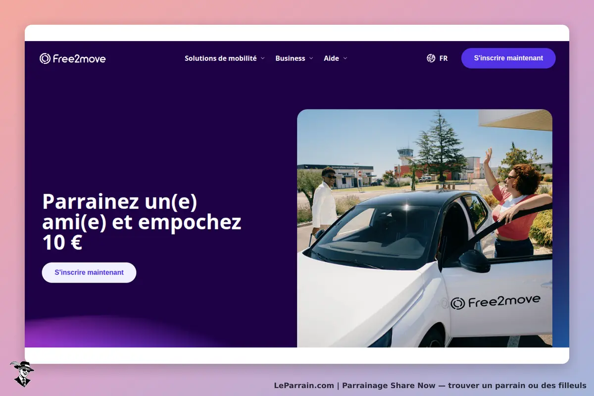 Share Now : free2move : page d'accueil avec un véhicule et des personnes interagissant à