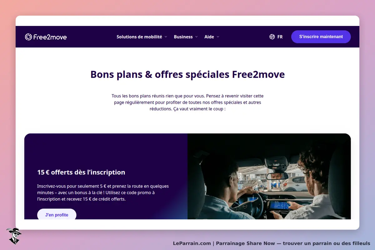 Share Now : free2move : page d'accueil présentant des offres et une image de passagers dans une