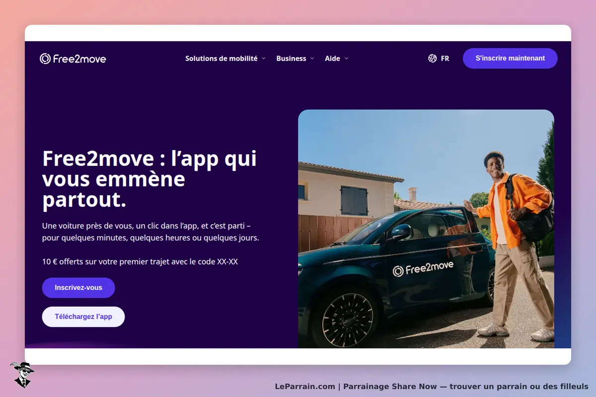 Share Now : free2move : page d'accueil avec un homme près d'une voiture et un aperçu de